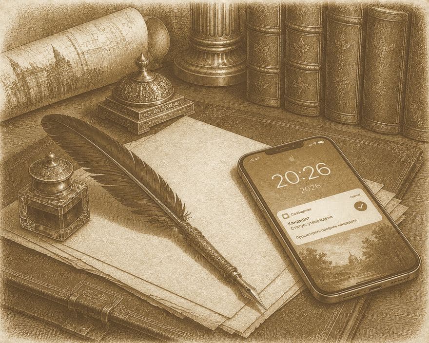 Гусиное перо, чернильница и смартфон на рабочем столе