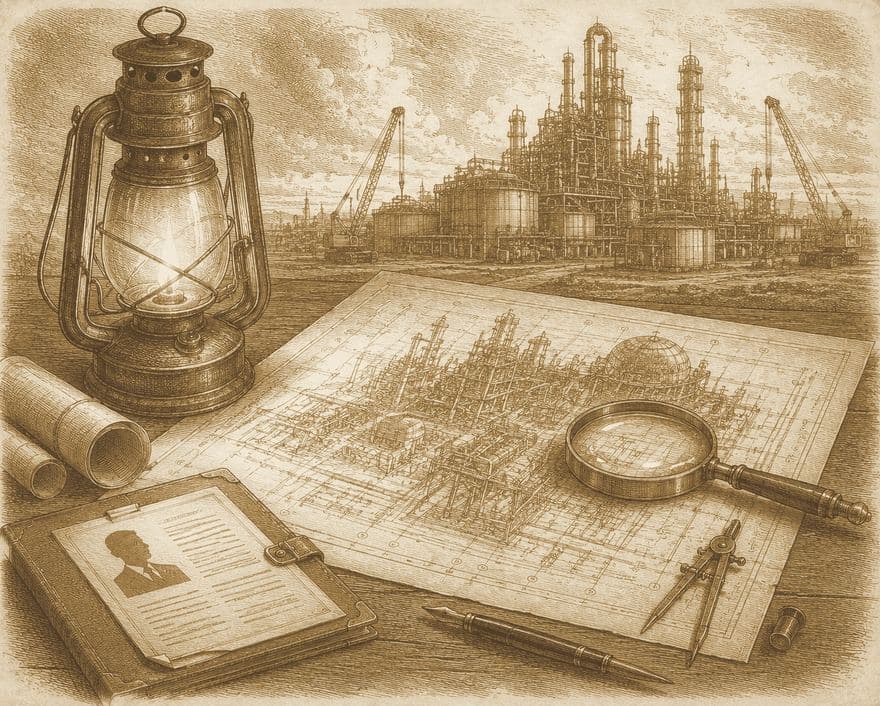 Керосиновый фонарь и чертёж нефтеперерабатывающего завода